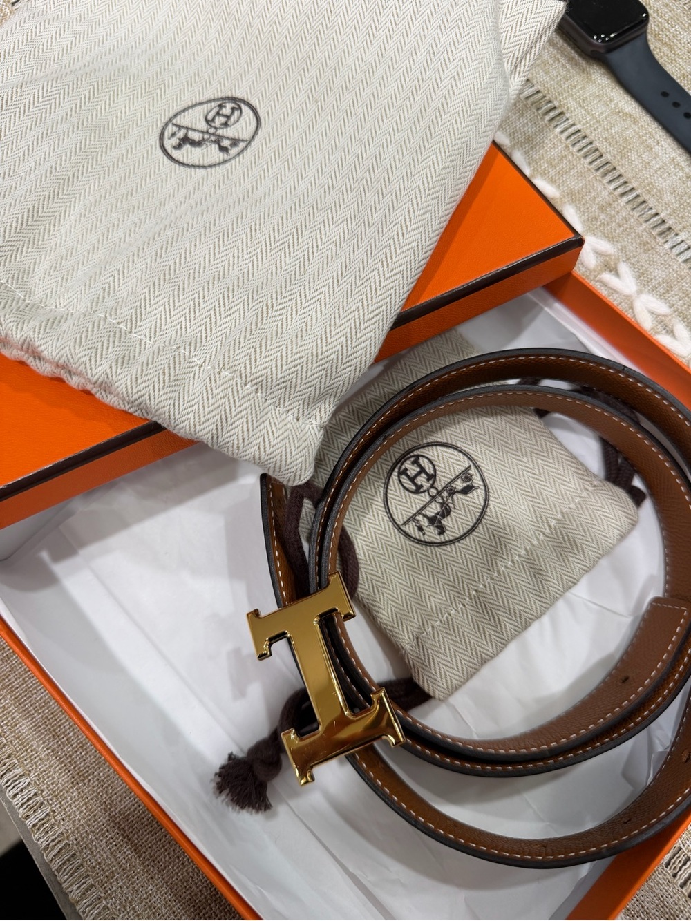 Hermes Brown Leather Belt with Gold 'H' Buckle